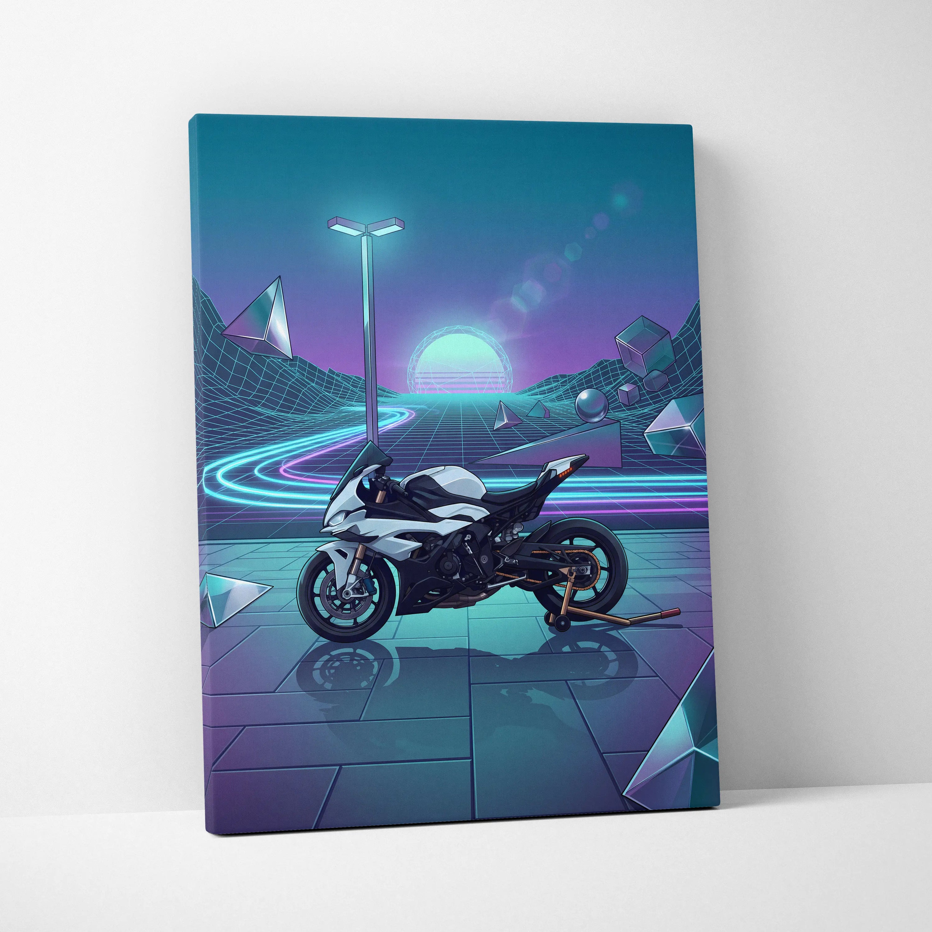 BMW S1000RR Inspired White Blue Motorcycle Canvas Wall Art Vaporwave Neon Sportbike Garage Decor Retro Futuristic Racing Artwork
