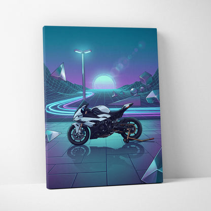 BMW S1000RR Inspired White Blue Motorcycle Canvas Wall Art Vaporwave Neon Sportbike Garage Decor Retro Futuristic Racing Artwork