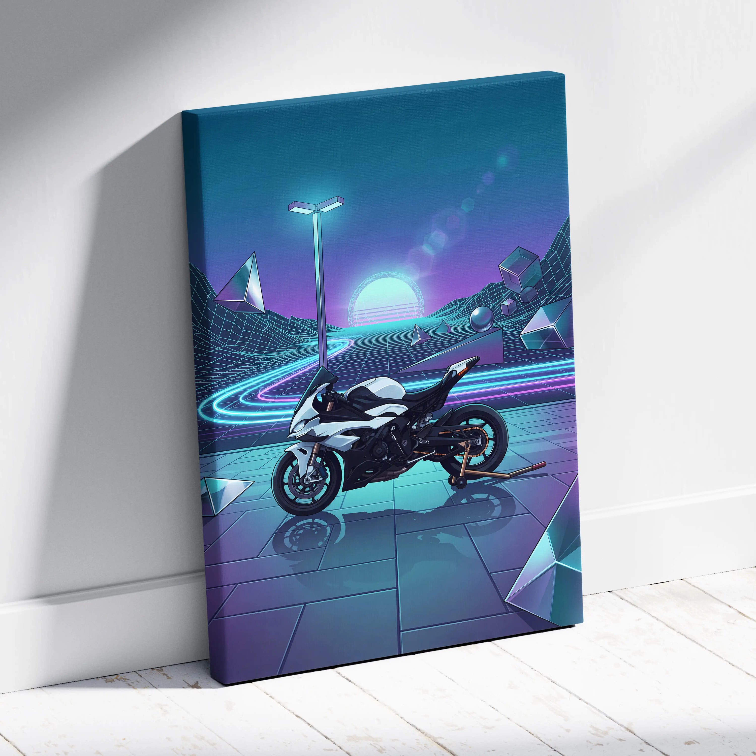 BMW S1000RR Inspired White Blue Motorcycle Canvas Wall Art Vaporwave Neon Sportbike Garage Decor Retro Futuristic Racing Artwork