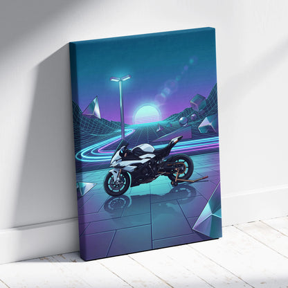 BMW S1000RR Inspired White Blue Motorcycle Canvas Wall Art Vaporwave Neon Sportbike Garage Decor Retro Futuristic Racing Artwork