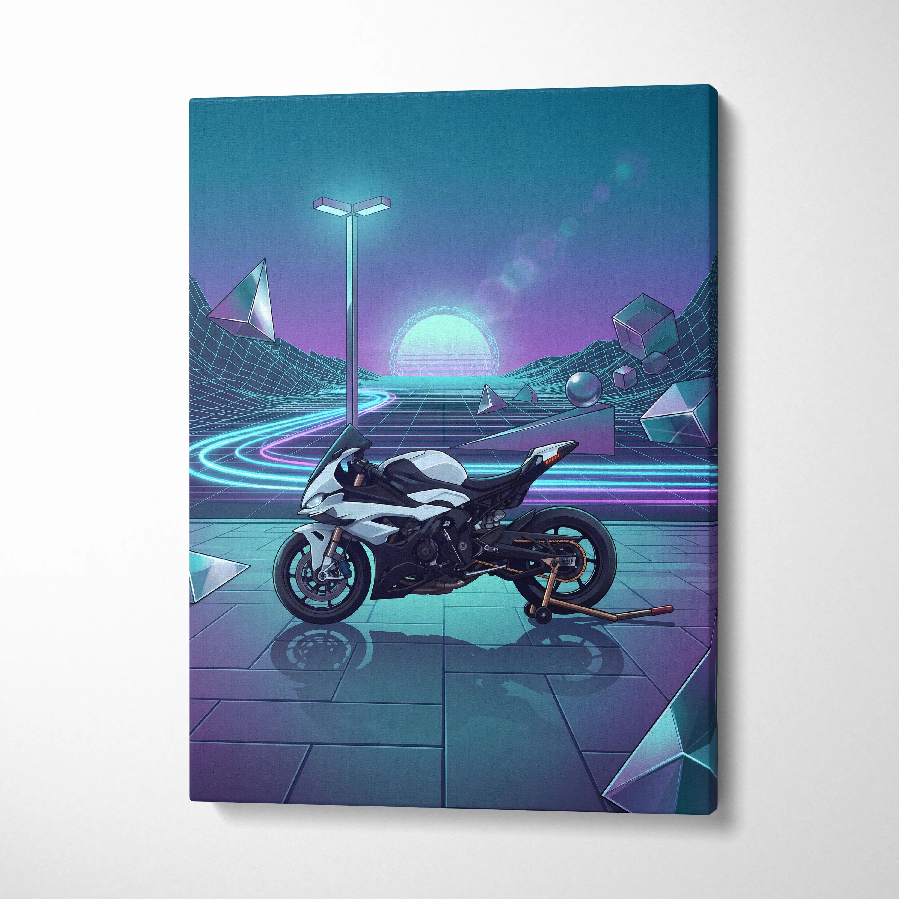 BMW S1000RR Inspired White Blue Motorcycle Canvas Wall Art Vaporwave Neon Sportbike Garage Decor Retro Futuristic Racing Artwork