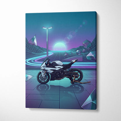 BMW S1000RR Inspired White Blue Motorcycle Canvas Wall Art Vaporwave Neon Sportbike Garage Decor Retro Futuristic Racing Artwork