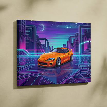 Toyota GR Supra Inspired Orange Purple Canvas Wall Art Vaporwave Sports Car Artwork Neon Cyberpunk Garage Decor Retro Futuristic JDM Print