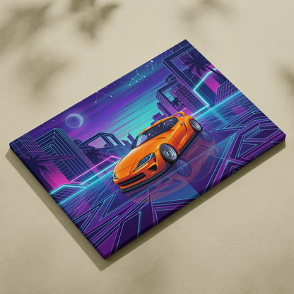 Toyota GR Supra Inspired Orange Purple Canvas Wall Art Vaporwave Sports Car Artwork Neon Cyberpunk Garage Decor Retro Futuristic JDM Print