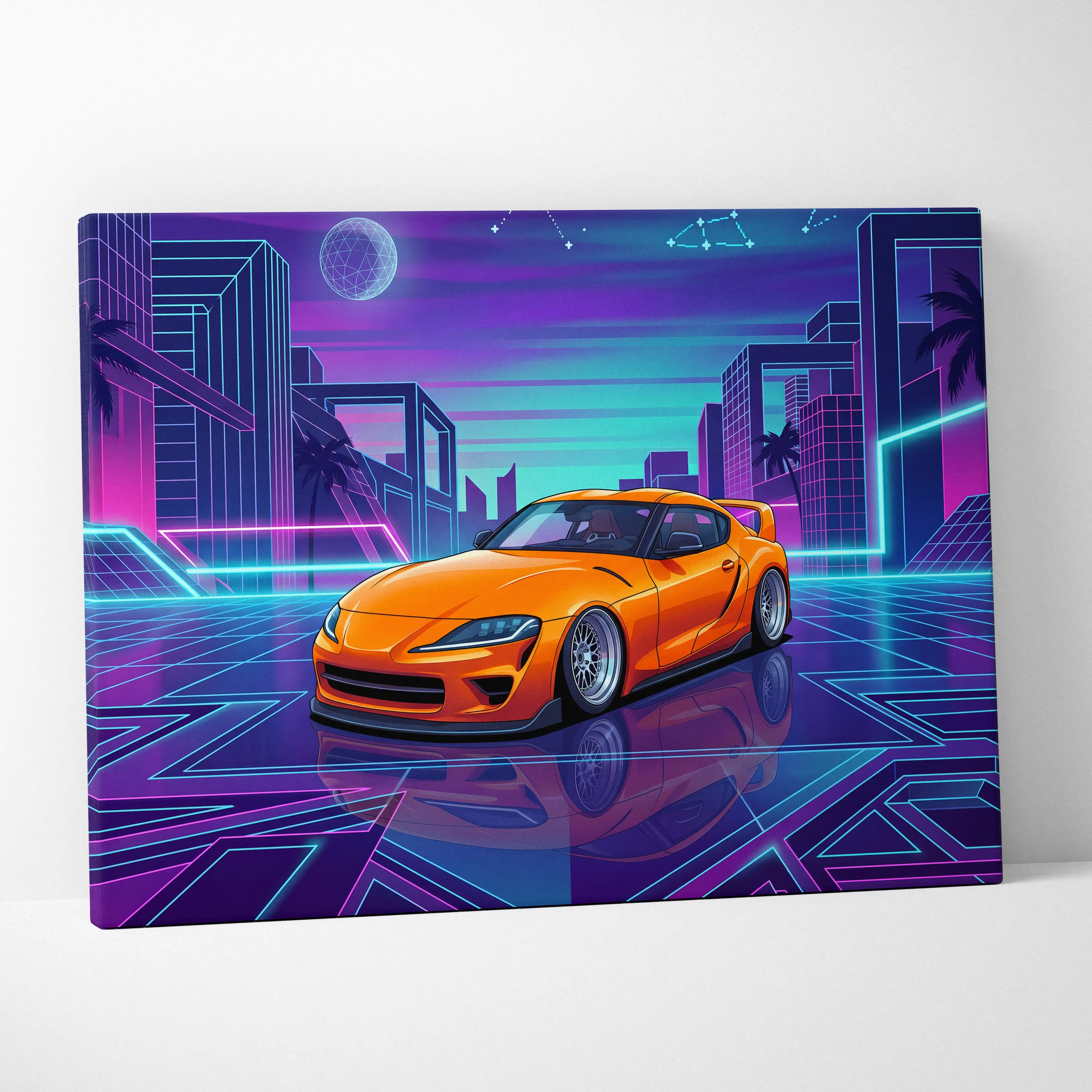 Toyota GR Supra Inspired Orange Purple Canvas Wall Art Vaporwave Sports Car Artwork Neon Cyberpunk Garage Decor Retro Futuristic JDM Print