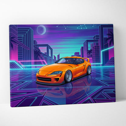 Toyota GR Supra Inspired Orange Purple Canvas Wall Art Vaporwave Sports Car Artwork Neon Cyberpunk Garage Decor Retro Futuristic JDM Print