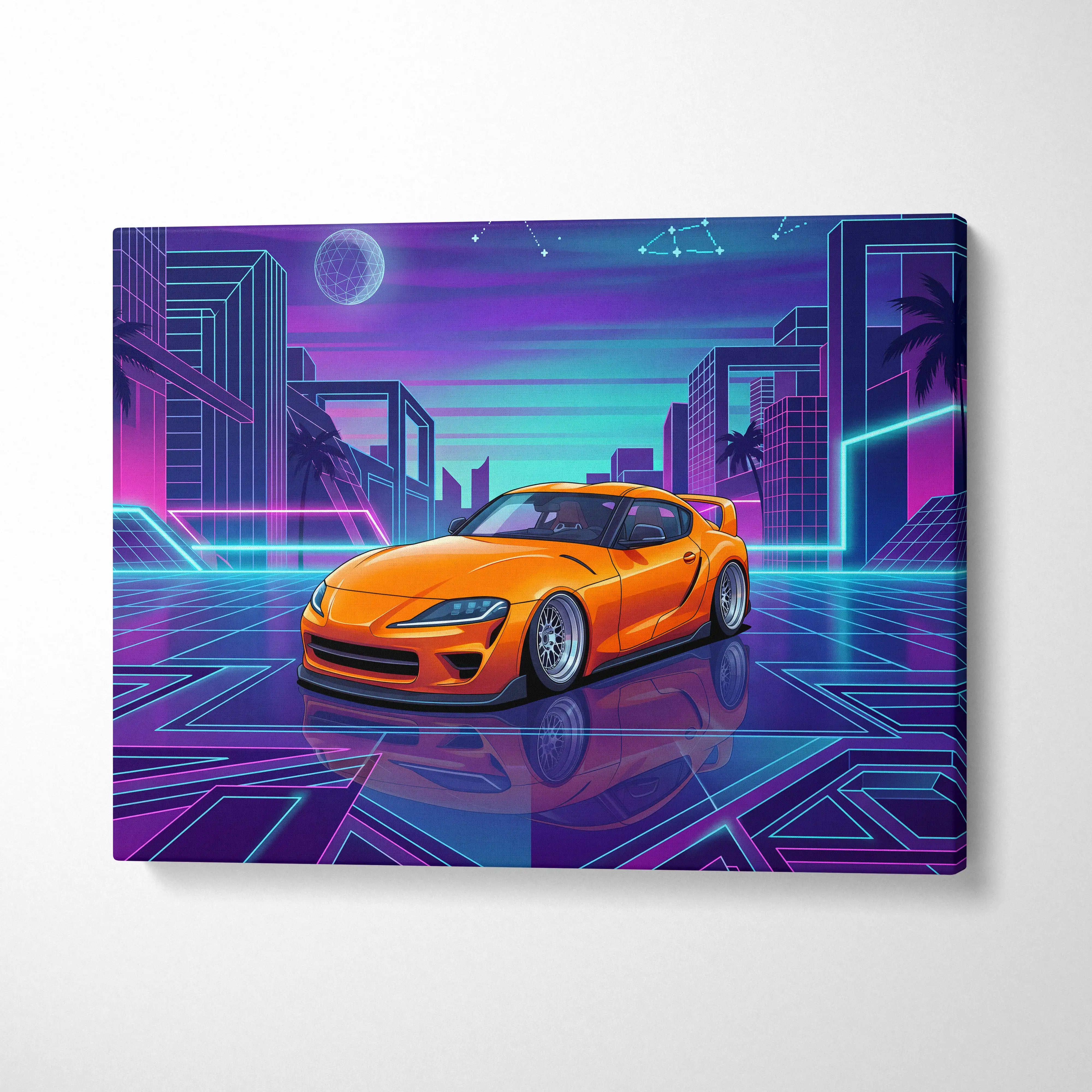 Toyota GR Supra Inspired Orange Purple Canvas Wall Art Vaporwave Sports Car Artwork Neon Cyberpunk Garage Decor Retro Futuristic JDM Print