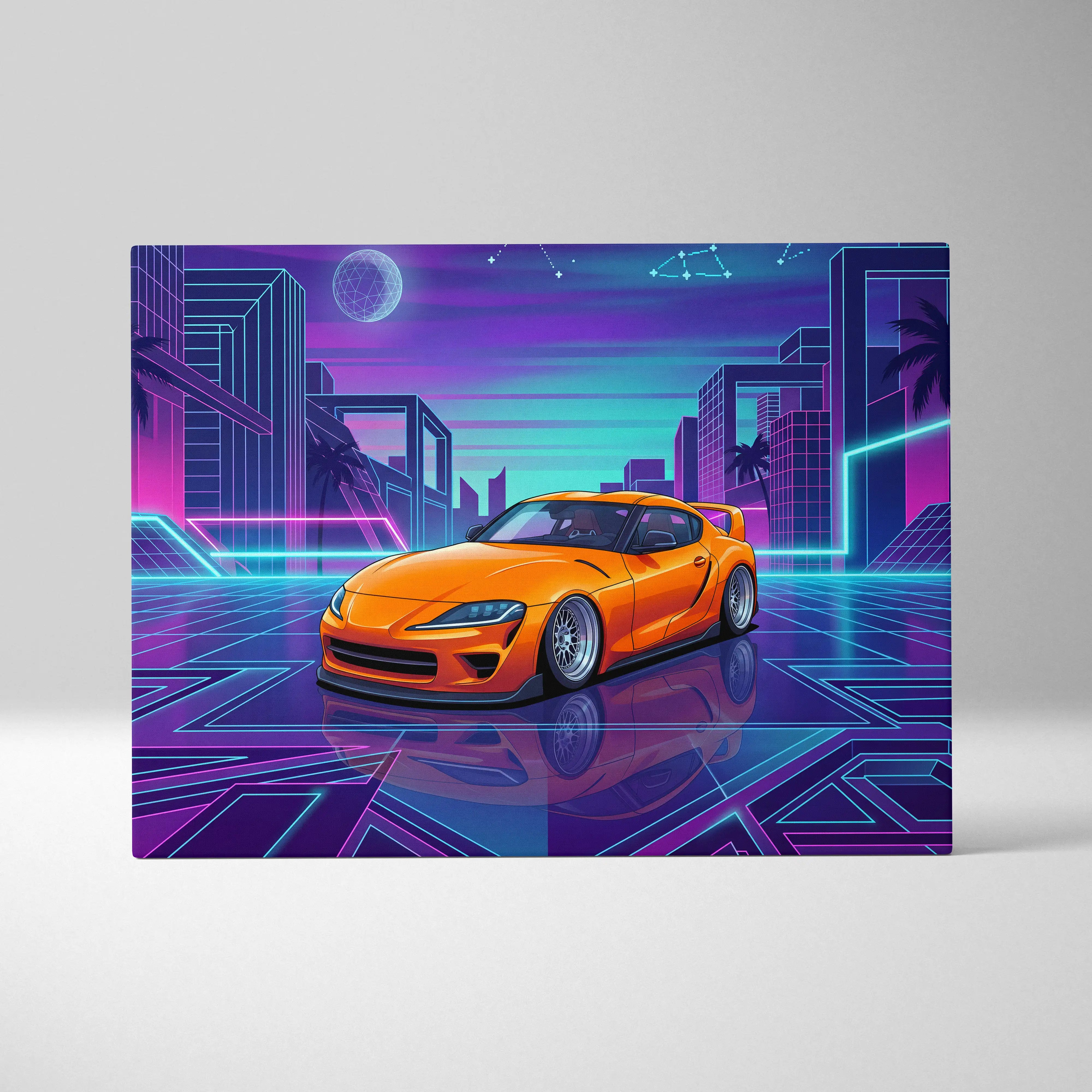 Toyota GR Supra Inspired Orange Purple Canvas Wall Art Vaporwave Sports Car Artwork Neon Cyberpunk Garage Decor Retro Futuristic JDM Print