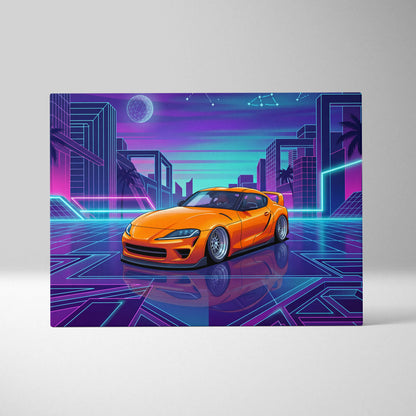 Toyota GR Supra Inspired Orange Purple Canvas Wall Art Vaporwave Sports Car Artwork Neon Cyberpunk Garage Decor Retro Futuristic JDM Print