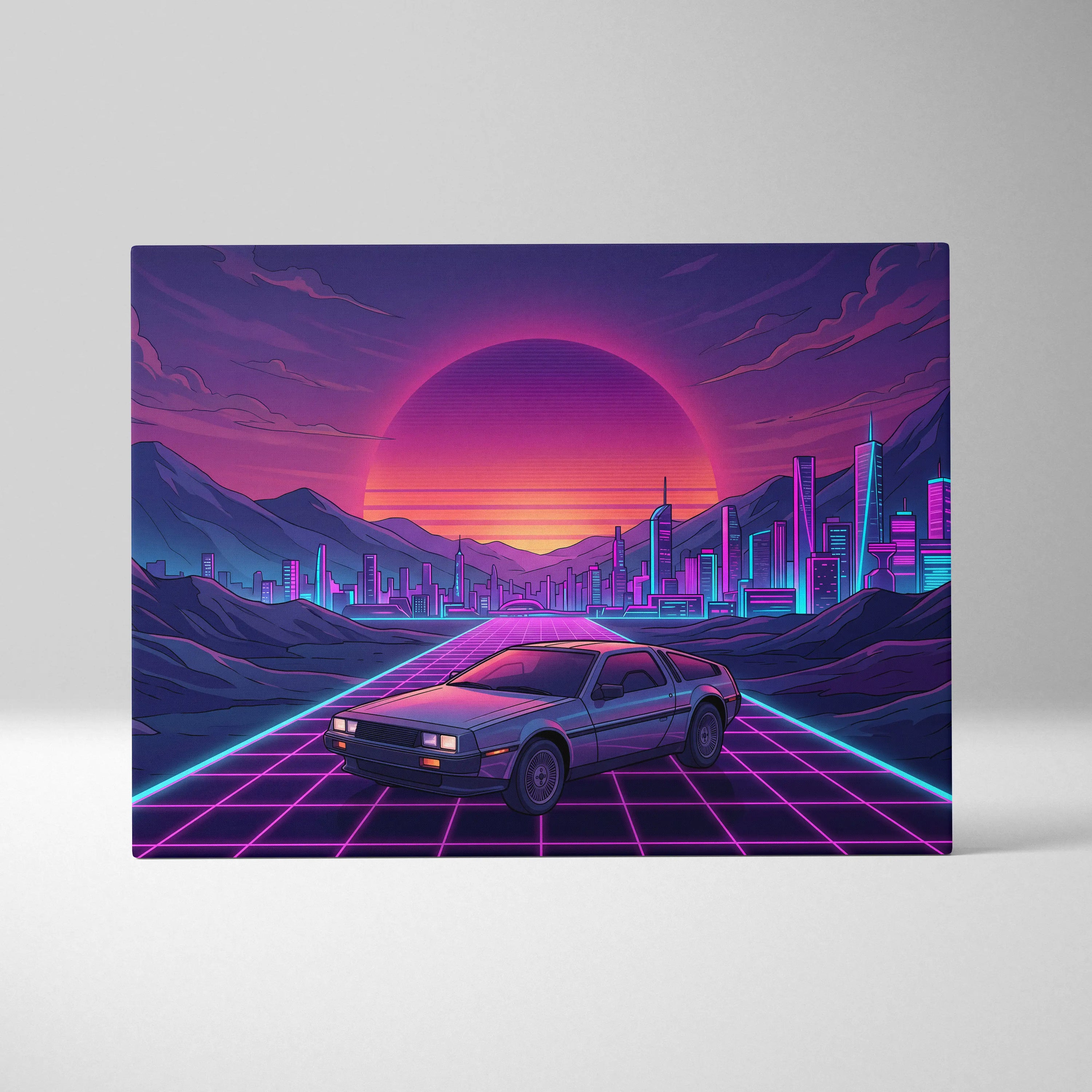 DeLorean DMC-12 Inspired Silver Purple Canvas Wall Art, Vaporwave Neon Grid City Decor, Retro Futuristic Sports Car Artwork