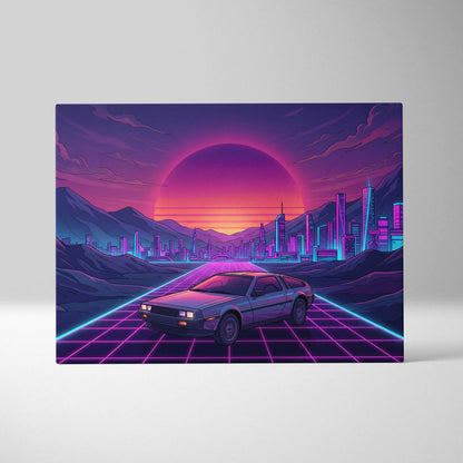 DeLorean DMC-12 Inspired Silver Purple Canvas Wall Art, Vaporwave Neon Grid City Decor, Retro Futuristic Sports Car Artwork