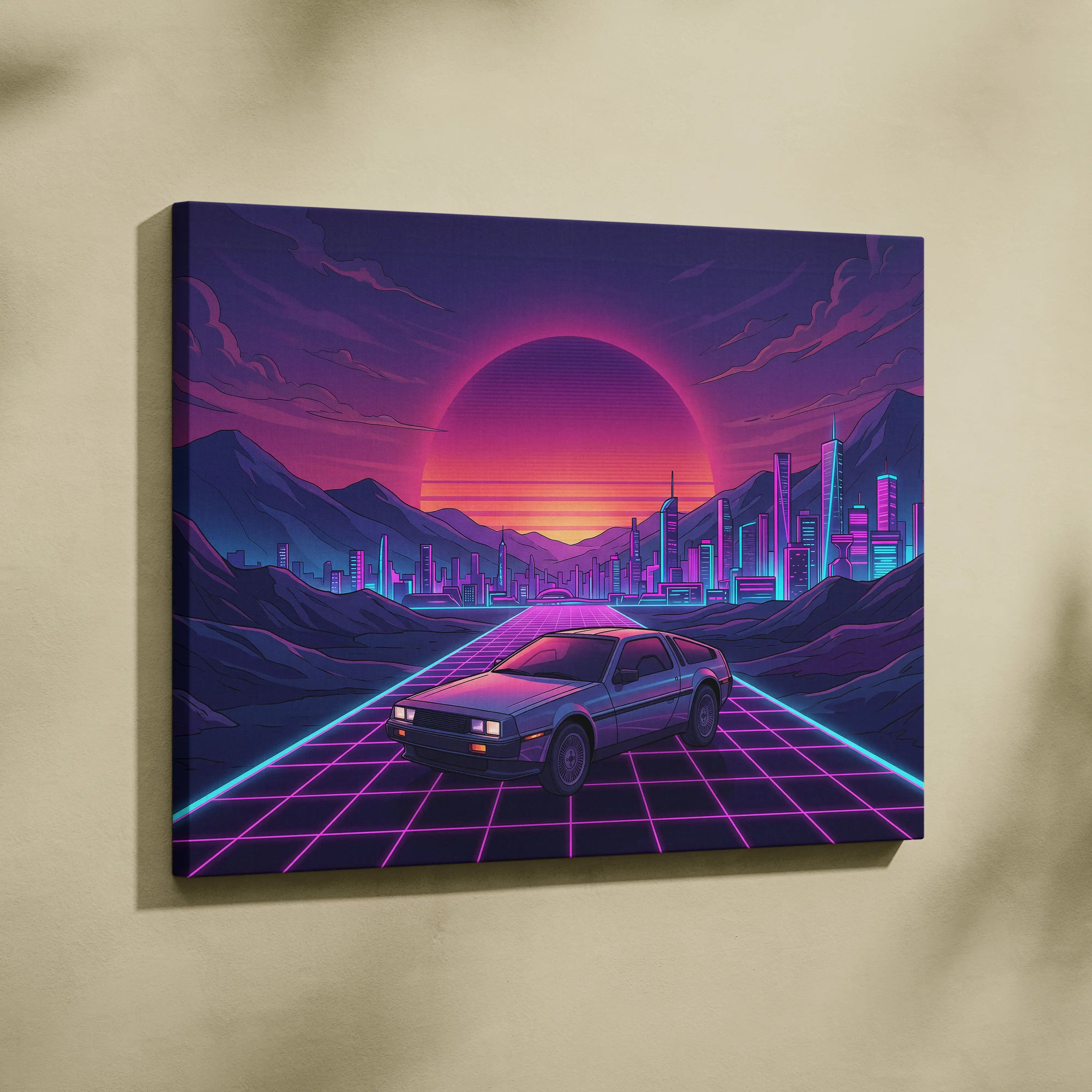 DeLorean DMC-12 Inspired Silver Purple Canvas Wall Art, Vaporwave Neon Grid City Decor, Retro Futuristic Sports Car Artwork