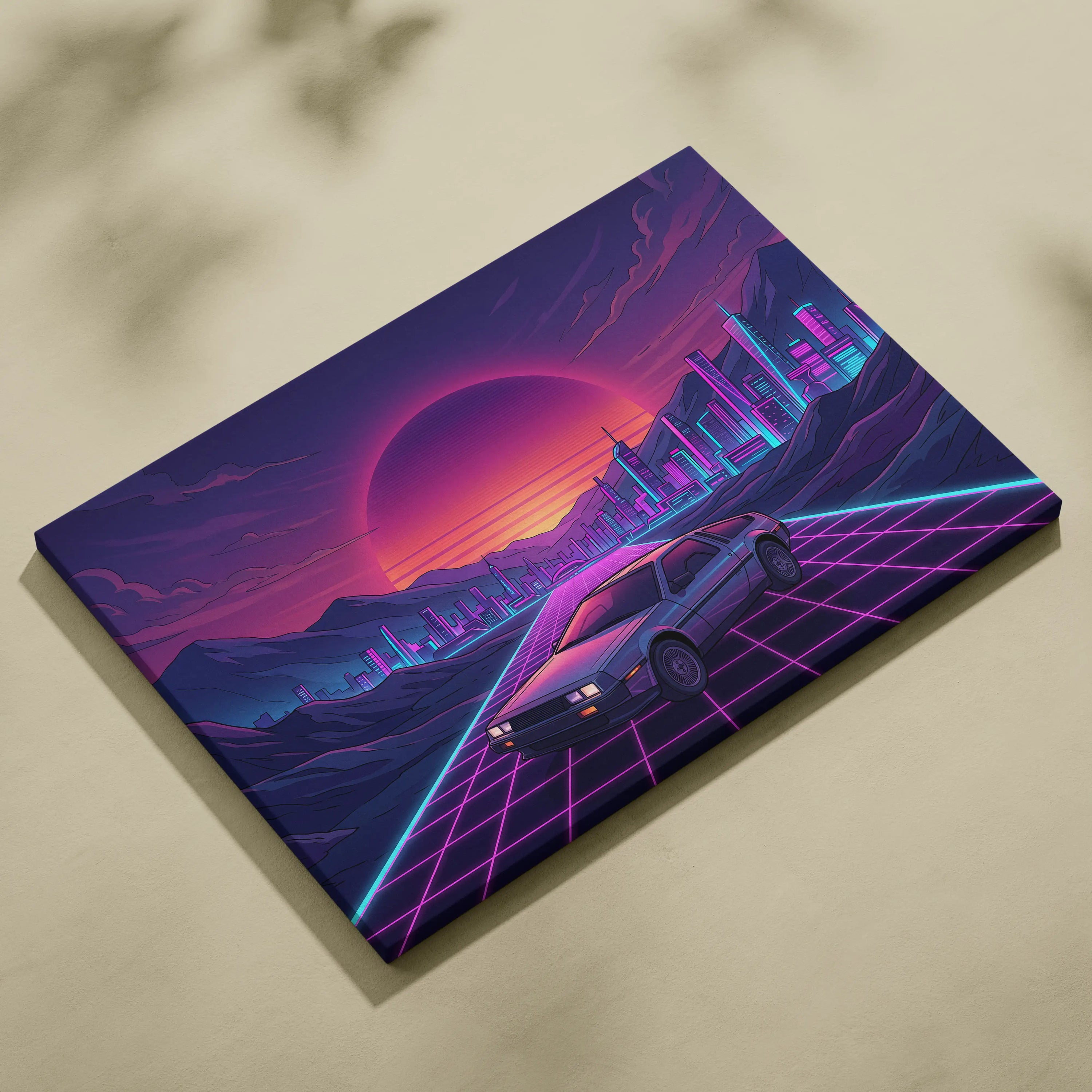 DeLorean DMC-12 Inspired Silver Purple Canvas Wall Art, Vaporwave Neon Grid City Decor, Retro Futuristic Sports Car Artwork
