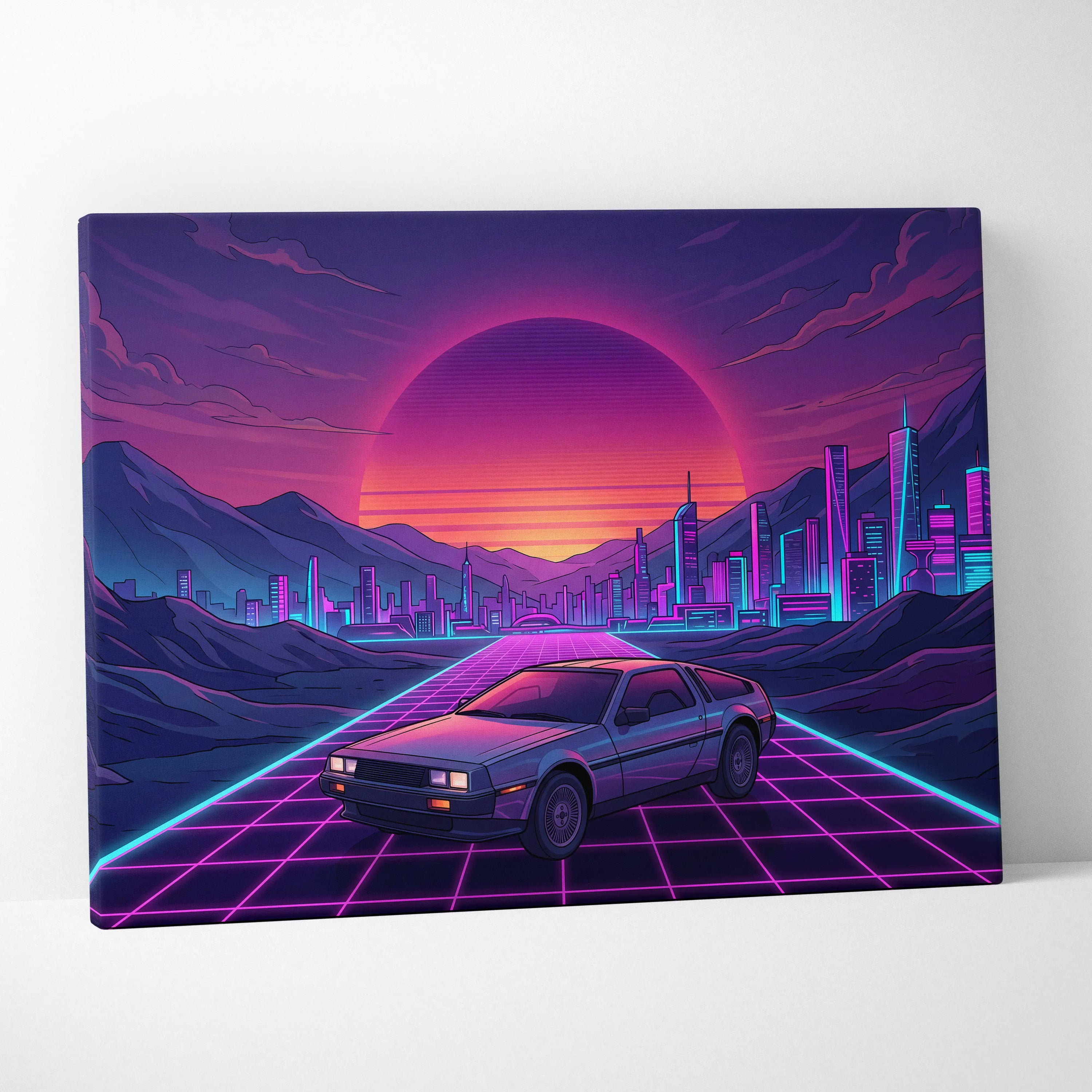 DeLorean DMC-12 Inspired Silver Purple Canvas Wall Art, Vaporwave Neon Grid City Decor, Retro Futuristic Sports Car Artwork