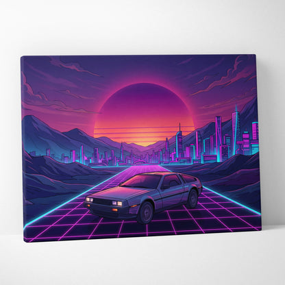 DeLorean DMC-12 Inspired Silver Purple Canvas Wall Art, Vaporwave Neon Grid City Decor, Retro Futuristic Sports Car Artwork