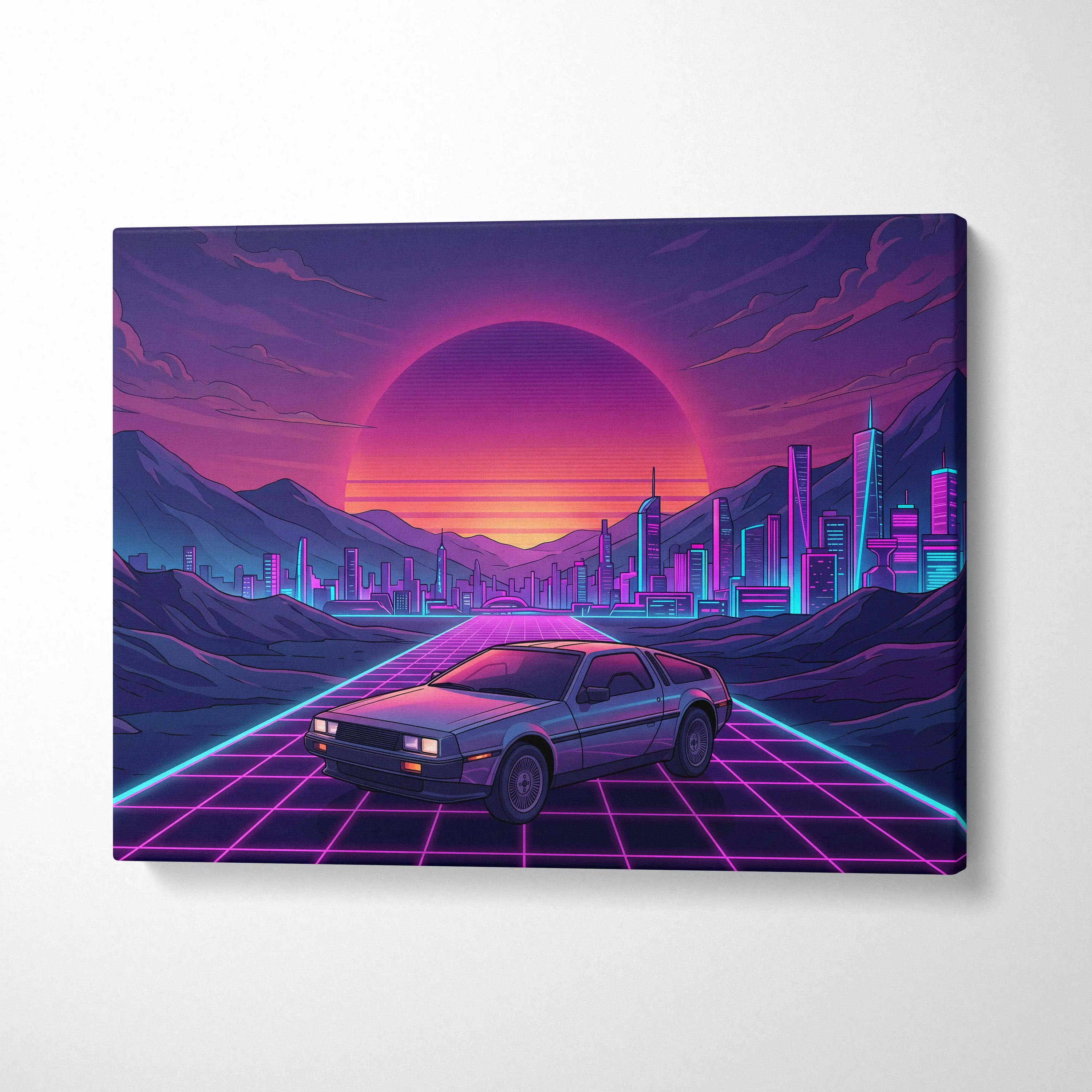 DeLorean DMC-12 Inspired Silver Purple Canvas Wall Art, Vaporwave Neon Grid City Decor, Retro Futuristic Sports Car Artwork