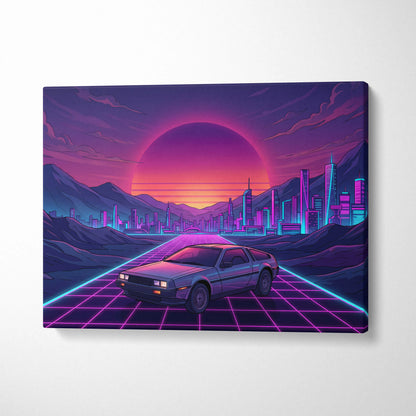 DeLorean DMC-12 Inspired Silver Purple Canvas Wall Art, Vaporwave Neon Grid City Decor, Retro Futuristic Sports Car Artwork