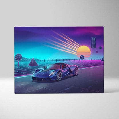 Hennessey Venom F5 Inspired Blue Purple Canvas Wall Art, Vaporwave Hypercar Artwork, Neon Sunset Garage Decor, Retro Futuristic Car Print