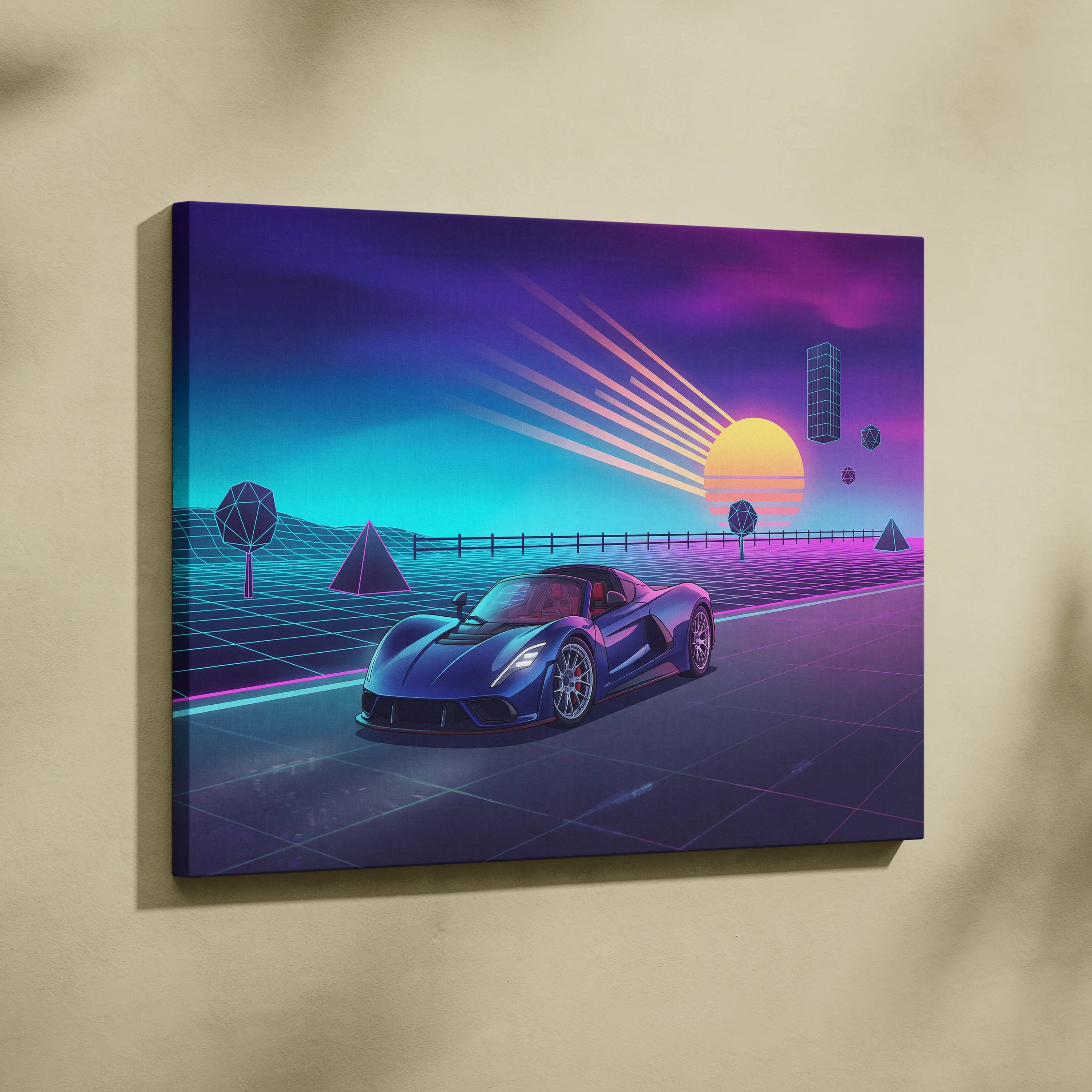 Hennessey Venom F5 Inspired Blue Purple Canvas Wall Art, Vaporwave Hypercar Artwork, Neon Sunset Garage Decor, Retro Futuristic Car Print