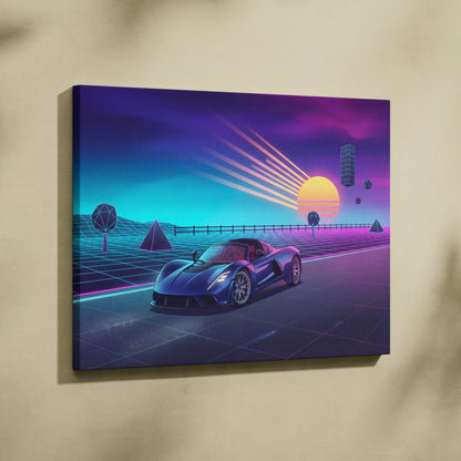 Hennessey Venom F5 Inspired Blue Purple Canvas Wall Art, Vaporwave Hypercar Artwork, Neon Sunset Garage Decor, Retro Futuristic Car Print