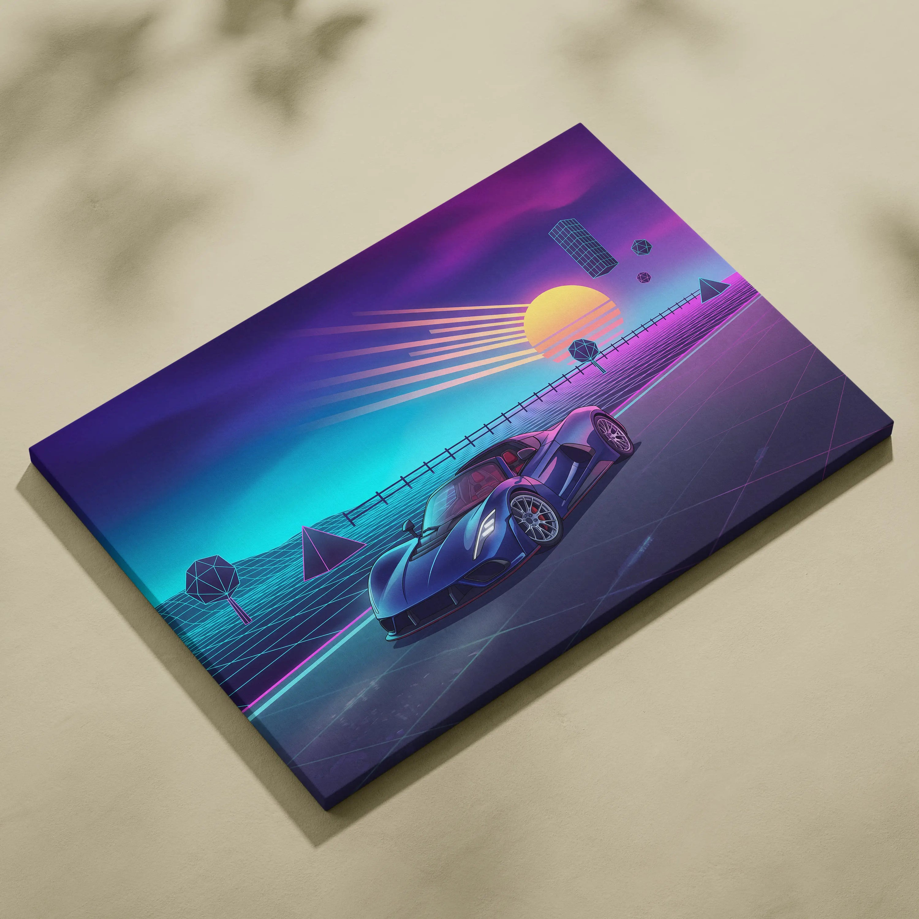 Hennessey Venom F5 Inspired Blue Purple Canvas Wall Art, Vaporwave Hypercar Artwork, Neon Sunset Garage Decor, Retro Futuristic Car Print