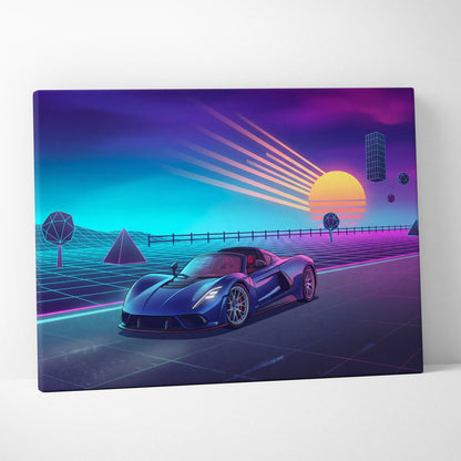Hennessey Venom F5 Inspired Blue Purple Canvas Wall Art, Vaporwave Hypercar Artwork, Neon Sunset Garage Decor, Retro Futuristic Car Print