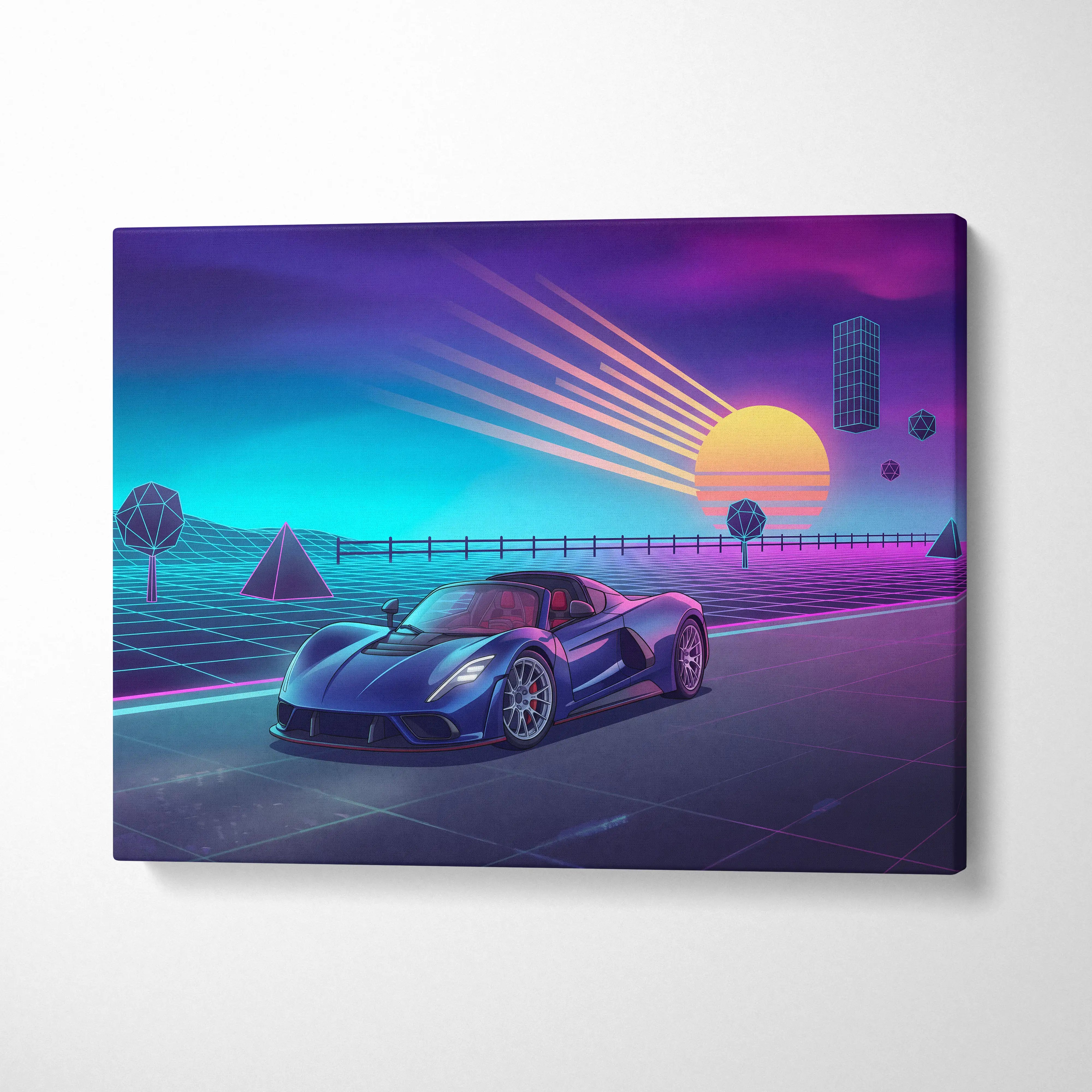 Hennessey Venom F5 Inspired Blue Purple Canvas Wall Art, Vaporwave Hypercar Artwork, Neon Sunset Garage Decor, Retro Futuristic Car Print
