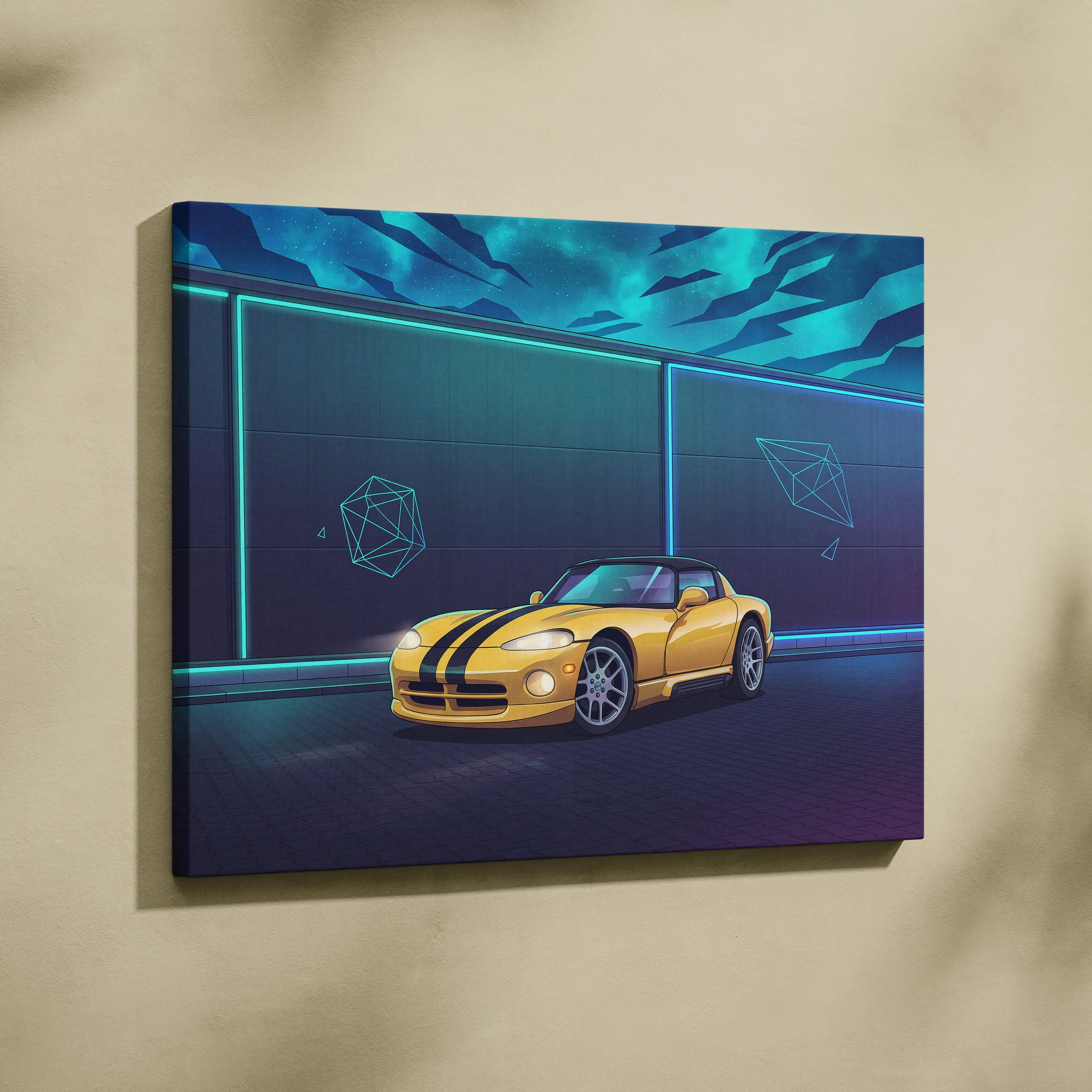 Dodge Viper Inspired Yellow Teal Canvas Wall Art Vaporwave Sports Car Artwork Neon Night Garage Decor Retro Futuristic Performance Print
