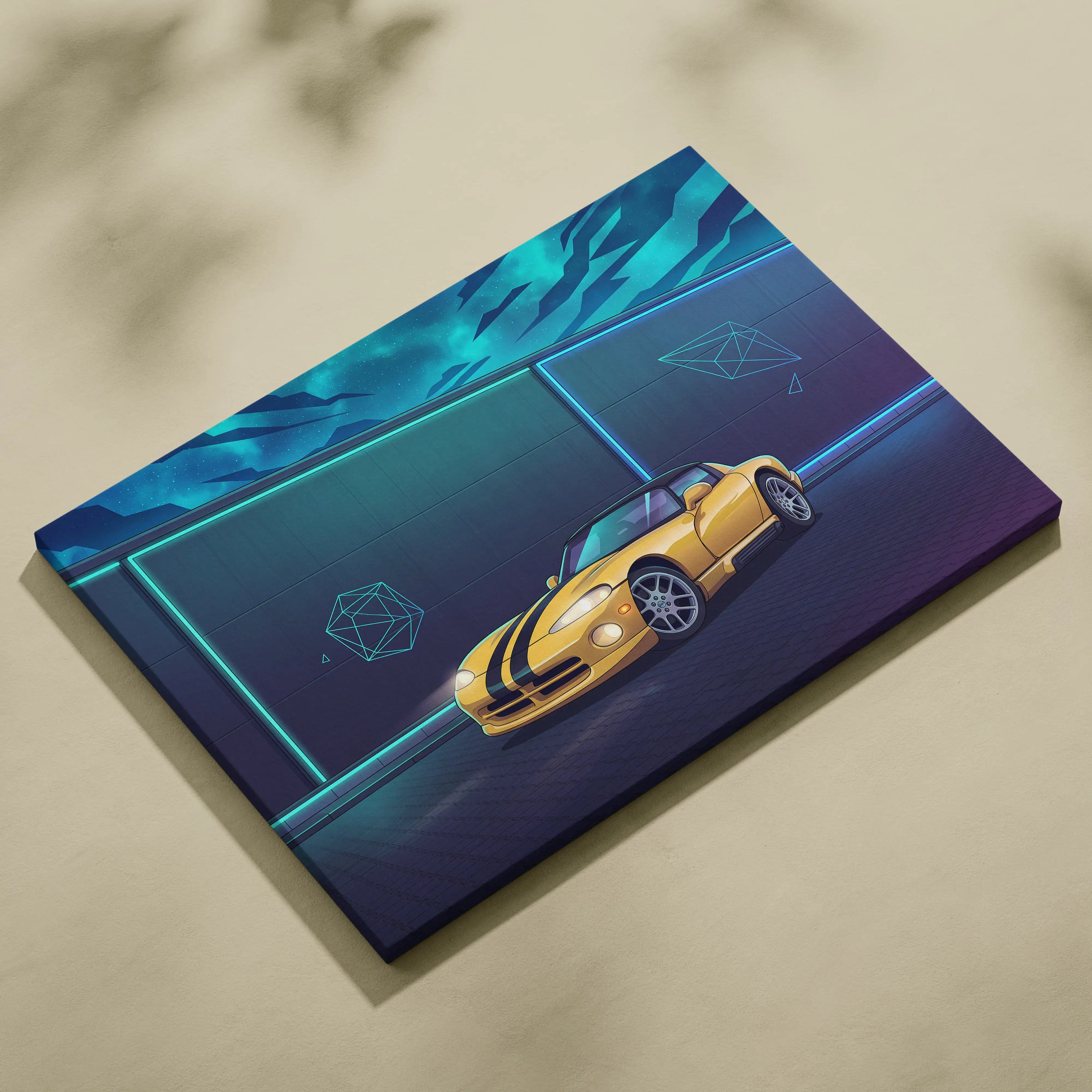 Dodge Viper Inspired Yellow Teal Canvas Wall Art Vaporwave Sports Car Artwork Neon Night Garage Decor Retro Futuristic Performance Print