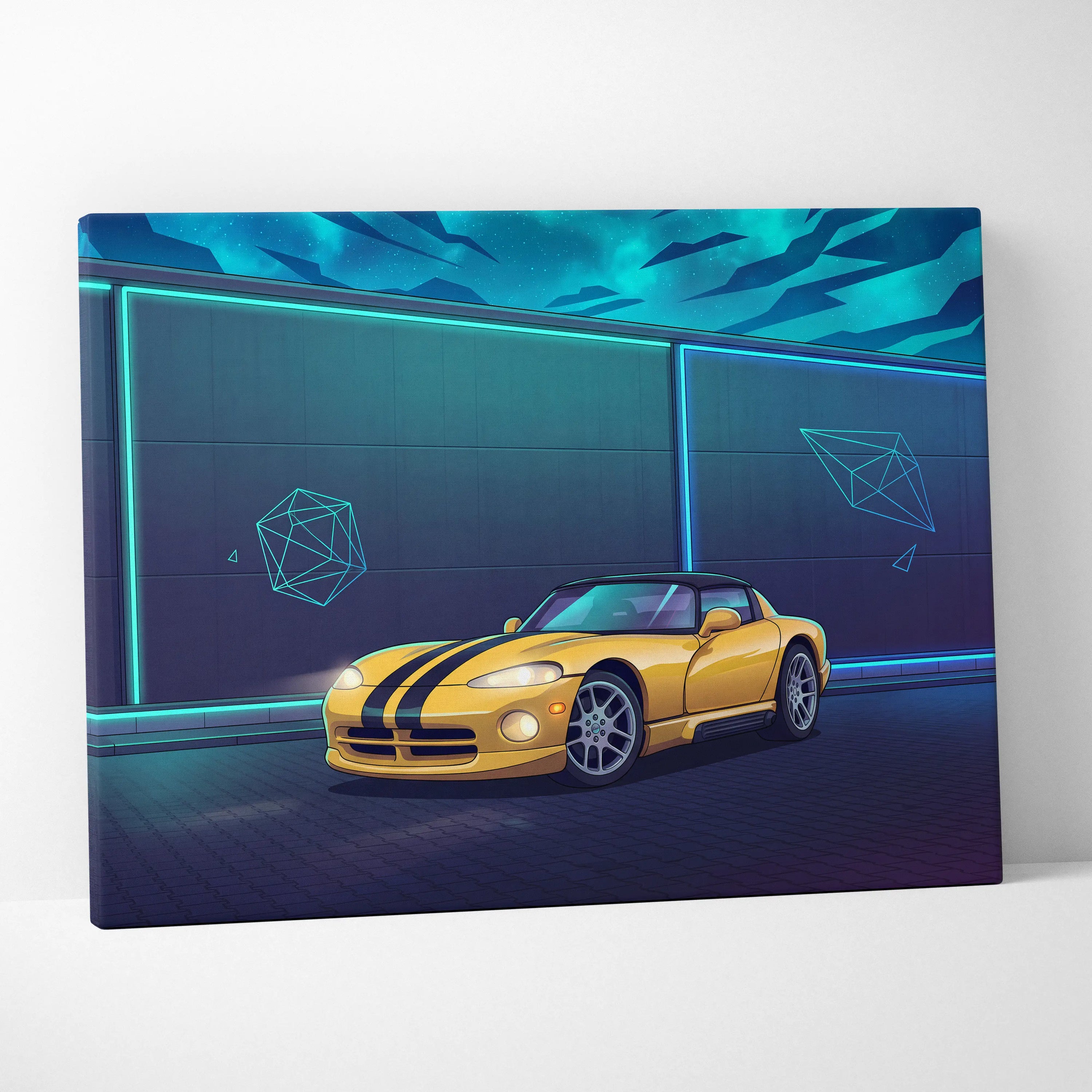 Dodge Viper Inspired Yellow Teal Canvas Wall Art Vaporwave Sports Car Artwork Neon Night Garage Decor Retro Futuristic Performance Print
