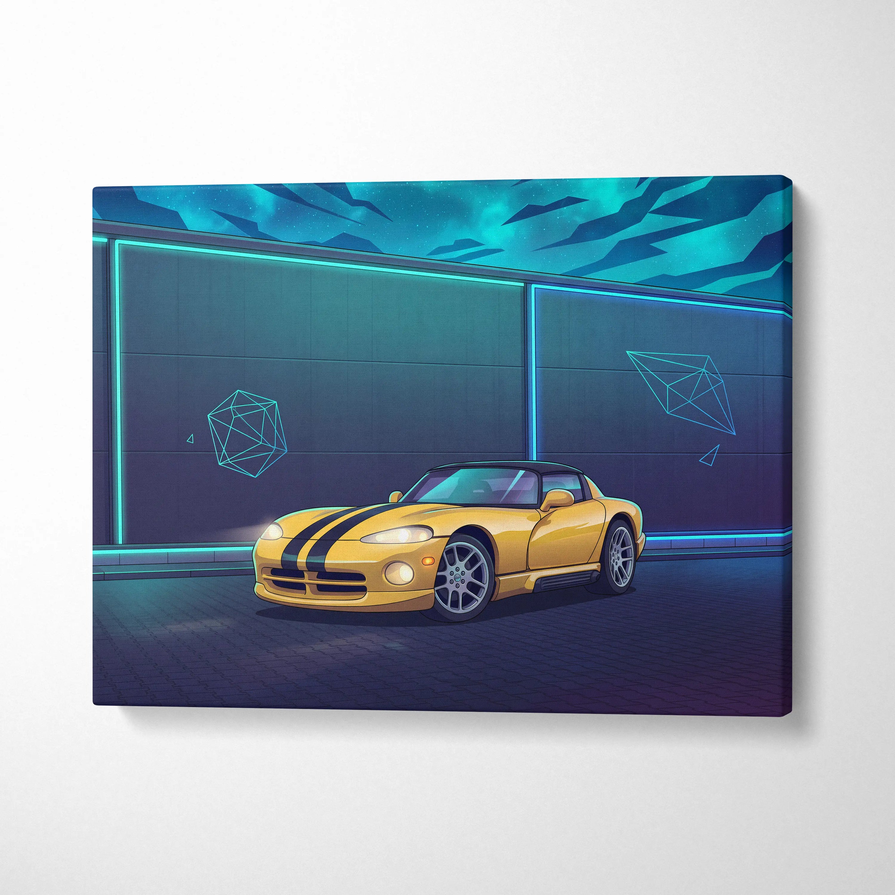 Dodge Viper Inspired Yellow Teal Canvas Wall Art Vaporwave Sports Car Artwork Neon Night Garage Decor Retro Futuristic Performance Print