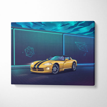 Dodge Viper Inspired Yellow Teal Canvas Wall Art Vaporwave Sports Car Artwork Neon Night Garage Decor Retro Futuristic Performance Print