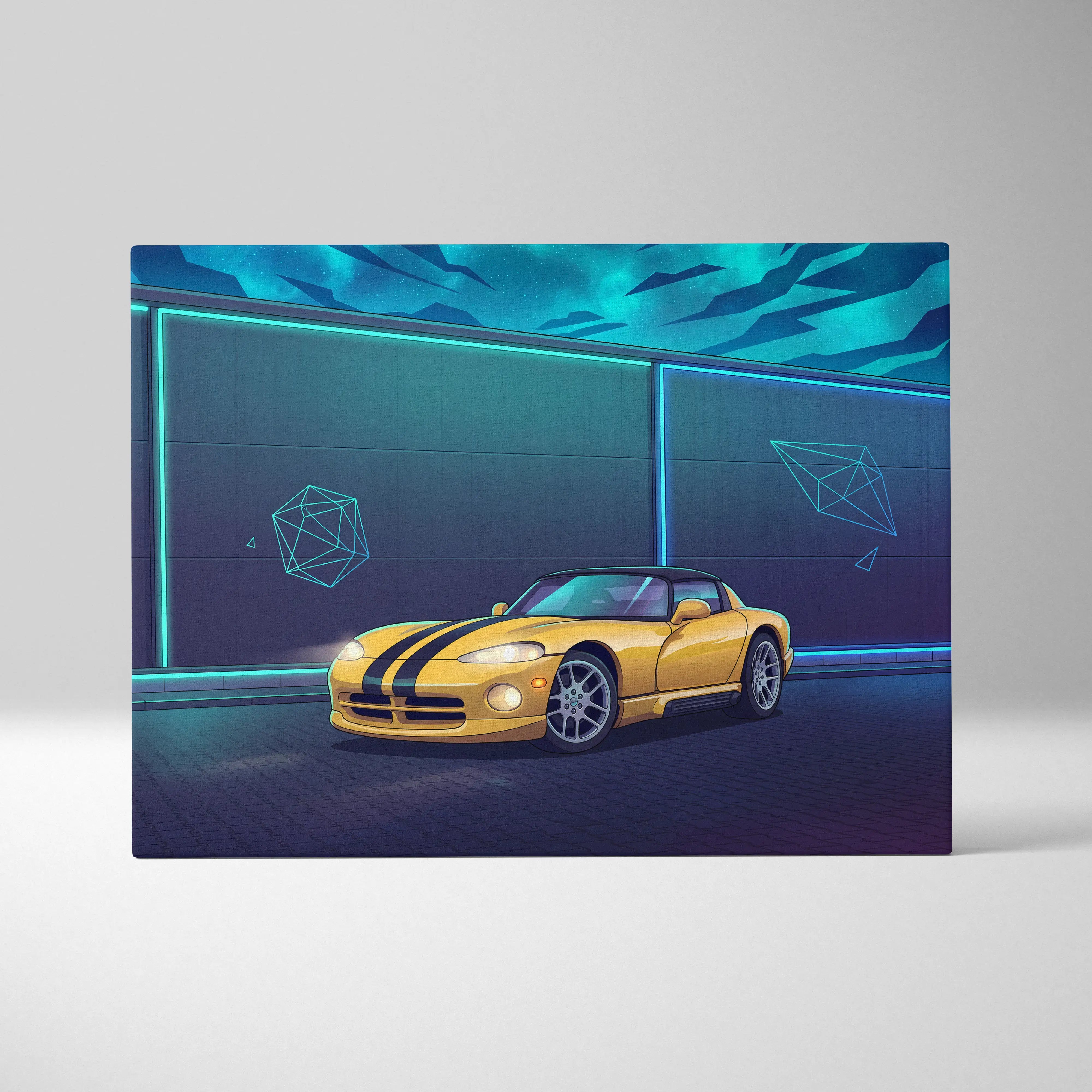Dodge Viper Inspired Yellow Teal Canvas Wall Art Vaporwave Sports Car Artwork Neon Night Garage Decor Retro Futuristic Performance Print