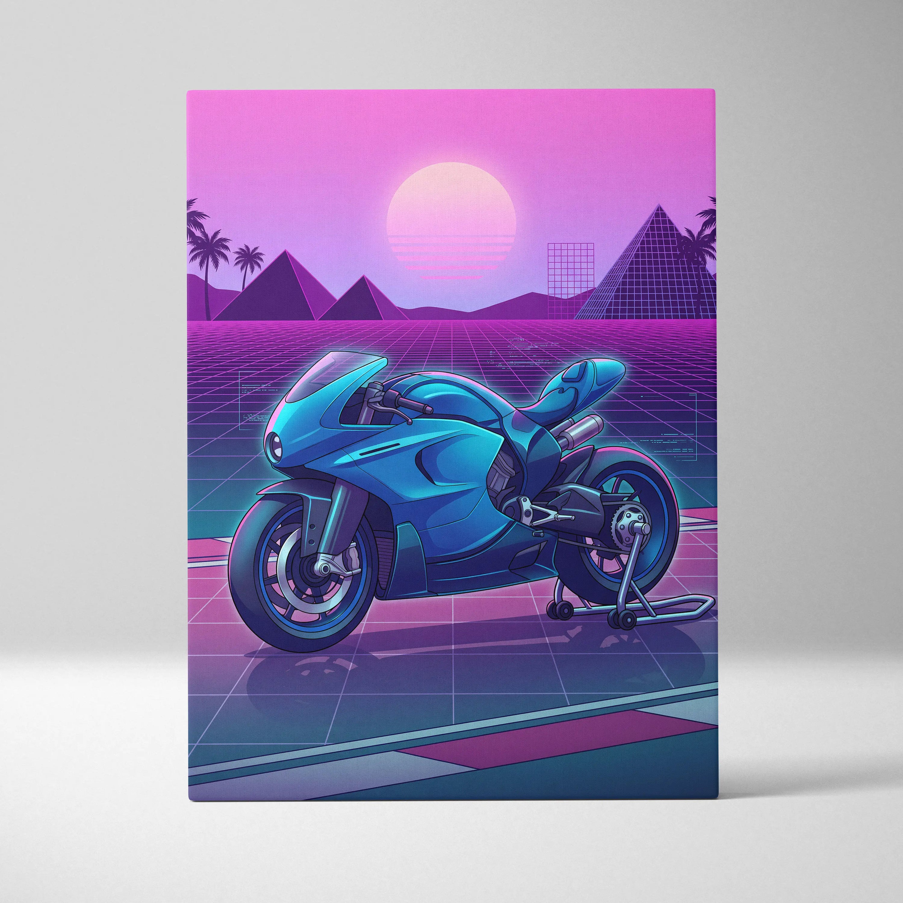 Ducati 916 Inspired Blue Pink Motorcycle Canvas Wall Art Vaporwave Neon Grid Sportbike Artwork for Garage Decor Retro Futuristic Print