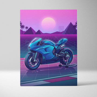 Ducati 916 Inspired Blue Pink Motorcycle Canvas Wall Art Vaporwave Neon Grid Sportbike Artwork for Garage Decor Retro Futuristic Print