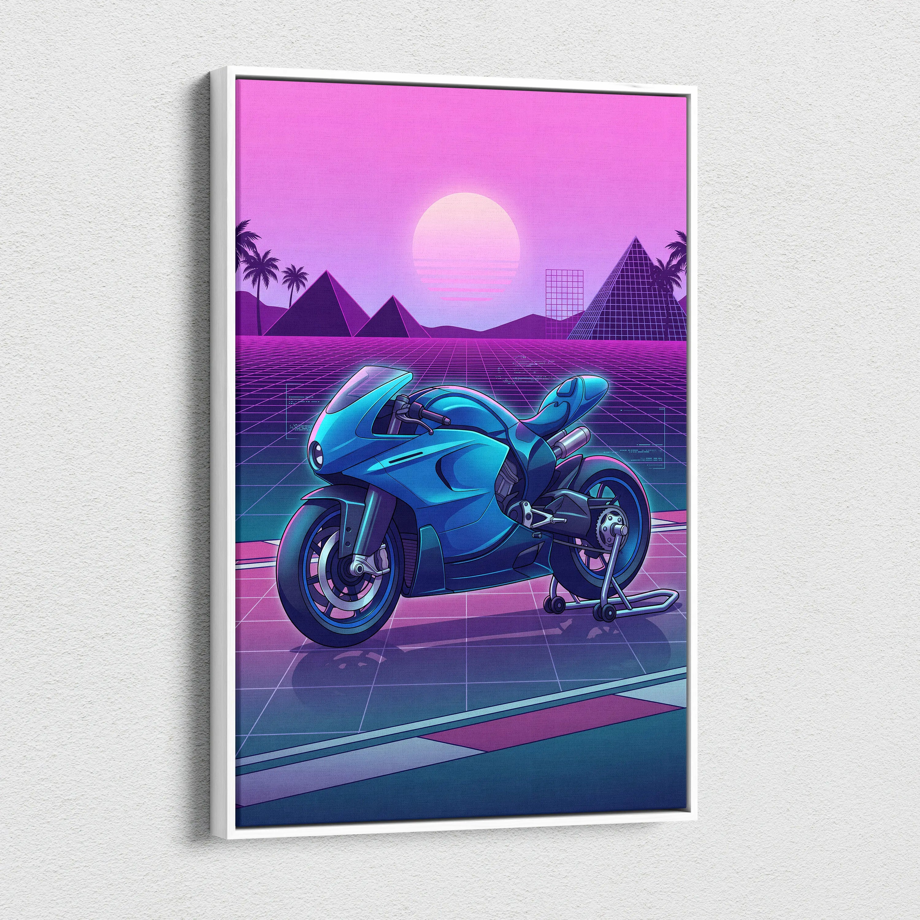 Ducati 916 Inspired Blue Pink Motorcycle Canvas Wall Art Vaporwave Neon Grid Sportbike Artwork for Garage Decor Retro Futuristic Print