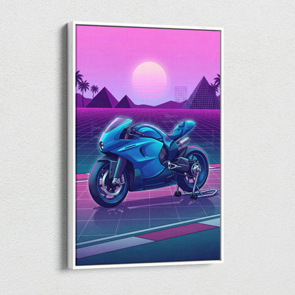 Ducati 916 Inspired Blue Pink Motorcycle Canvas Wall Art Vaporwave Neon Grid Sportbike Artwork for Garage Decor Retro Futuristic Print