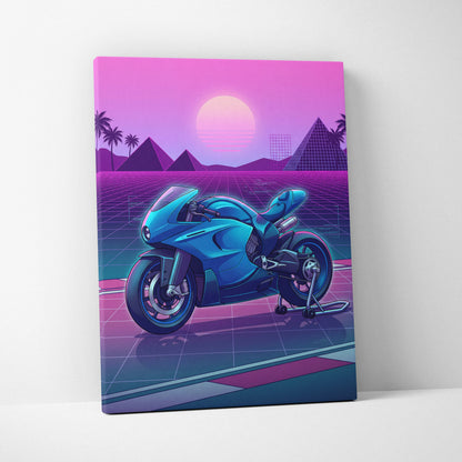 Ducati 916 Inspired Blue Pink Motorcycle Canvas Wall Art Vaporwave Neon Grid Sportbike Artwork for Garage Decor Retro Futuristic Print