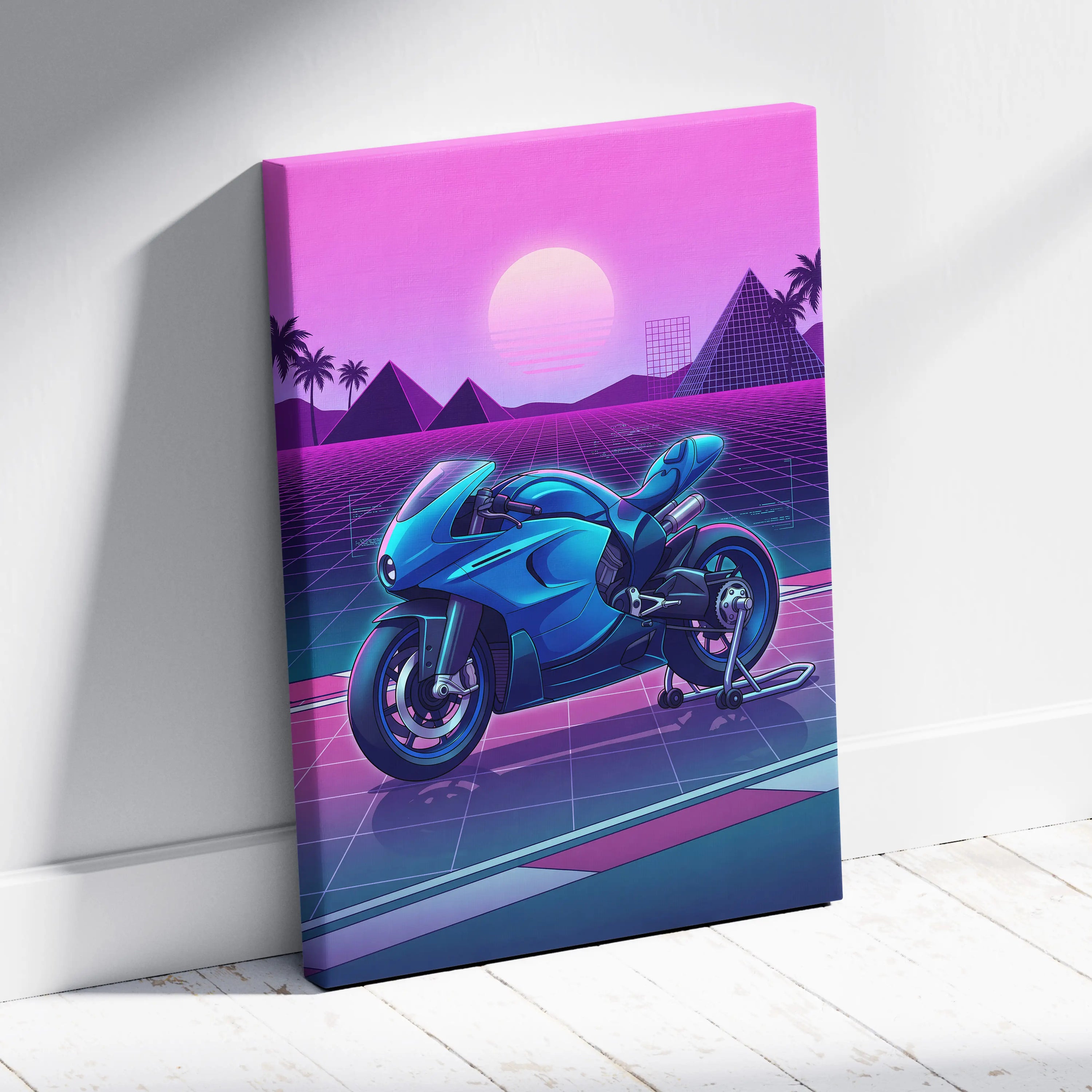 Ducati 916 Inspired Blue Pink Motorcycle Canvas Wall Art Vaporwave Neon Grid Sportbike Artwork for Garage Decor Retro Futuristic Print