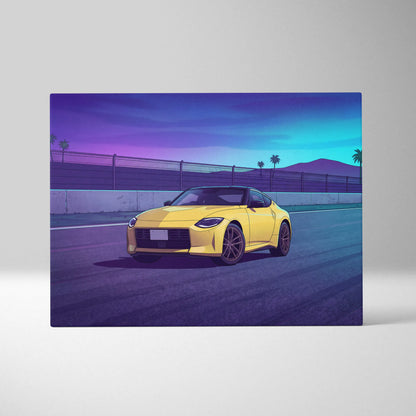 Nissan Z Inspired Yellow Purple Canvas Wall Art, Vaporwave JDM Sports Car Artwork, Neon Palm Highway Decor, Retro Futuristic Auto Print