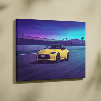 Nissan Z Inspired Yellow Purple Canvas Wall Art, Vaporwave JDM Sports Car Artwork, Neon Palm Highway Decor, Retro Futuristic Auto Print