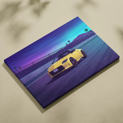 Nissan Z Inspired Yellow Purple Canvas Wall Art, Vaporwave JDM Sports Car Artwork, Neon Palm Highway Decor, Retro Futuristic Auto Print