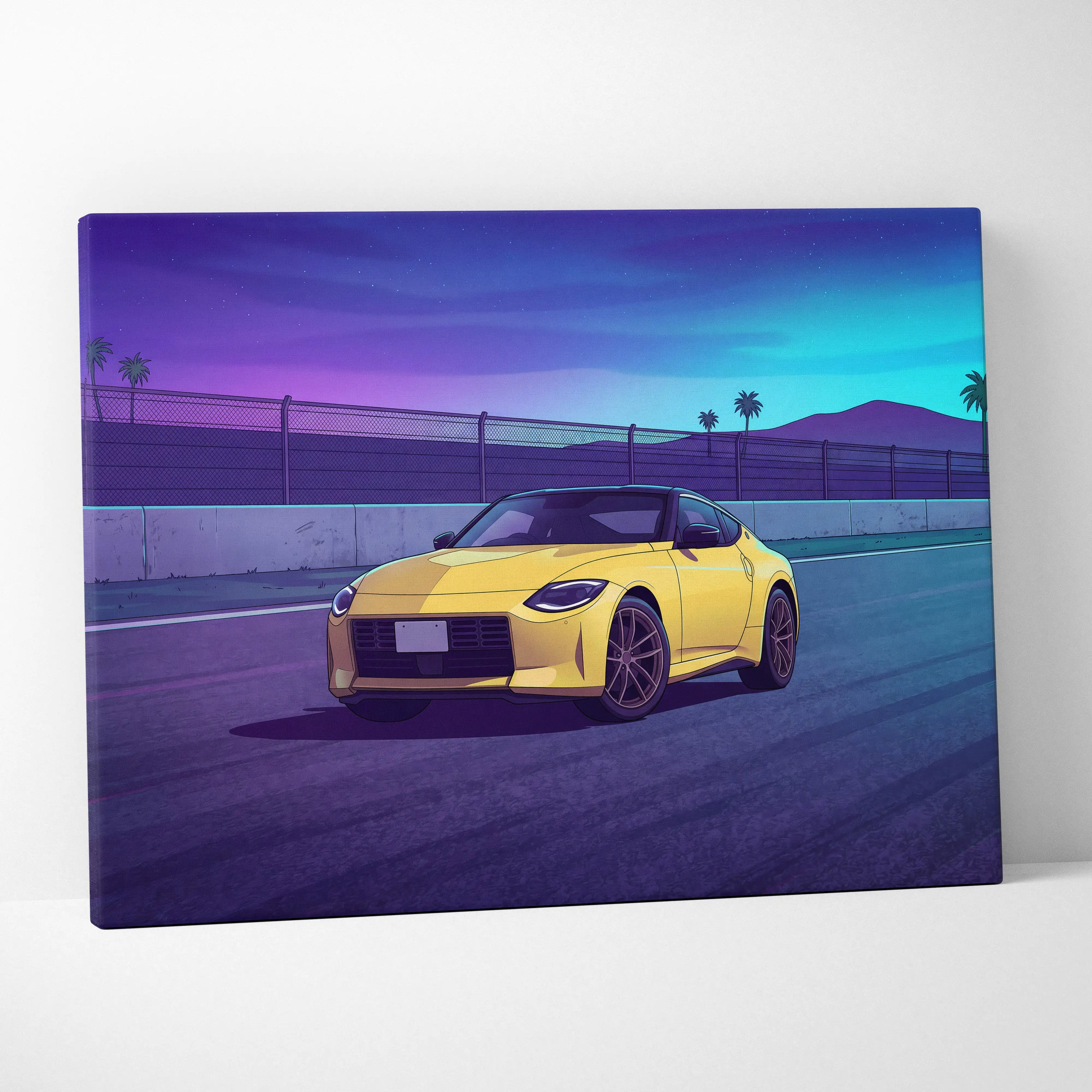 Nissan Z Inspired Yellow Purple Canvas Wall Art, Vaporwave JDM Sports Car Artwork, Neon Palm Highway Decor, Retro Futuristic Auto Print