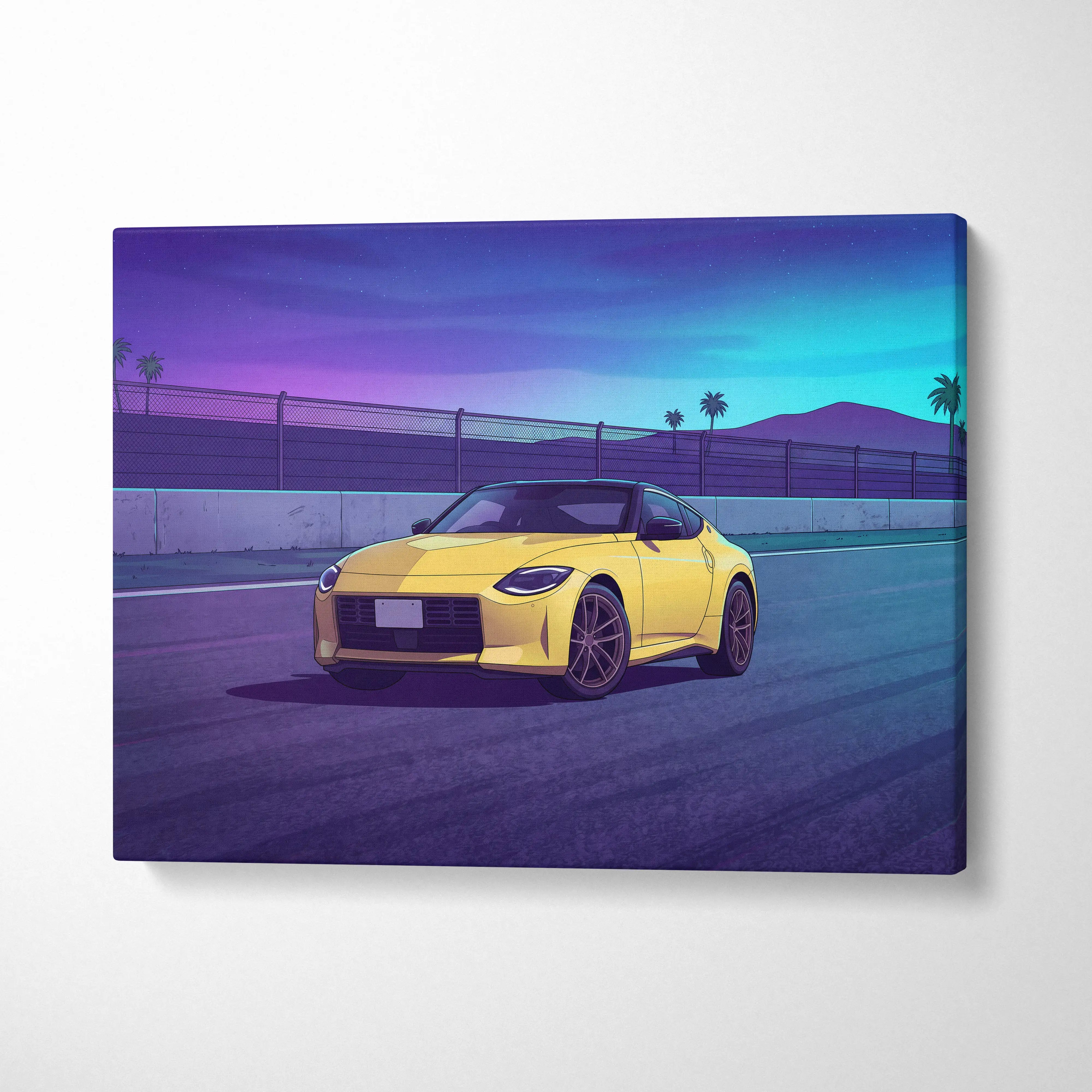 Nissan Z Inspired Yellow Purple Canvas Wall Art, Vaporwave JDM Sports Car Artwork, Neon Palm Highway Decor, Retro Futuristic Auto Print