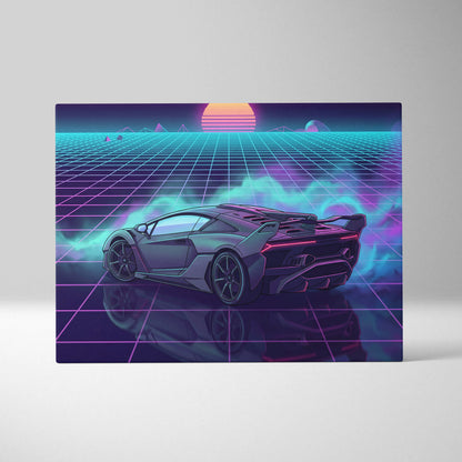 Lamborghini SC18 Inspired Silver Purple Canvas Wall Art, Vaporwave Exotic Auto Artwork, Neon Grid Garage Decor, Retro Futuristic Print