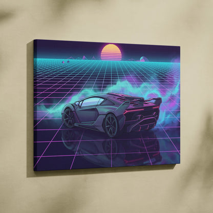 Lamborghini SC18 Inspired Silver Purple Canvas Wall Art, Vaporwave Exotic Auto Artwork, Neon Grid Garage Decor, Retro Futuristic Print