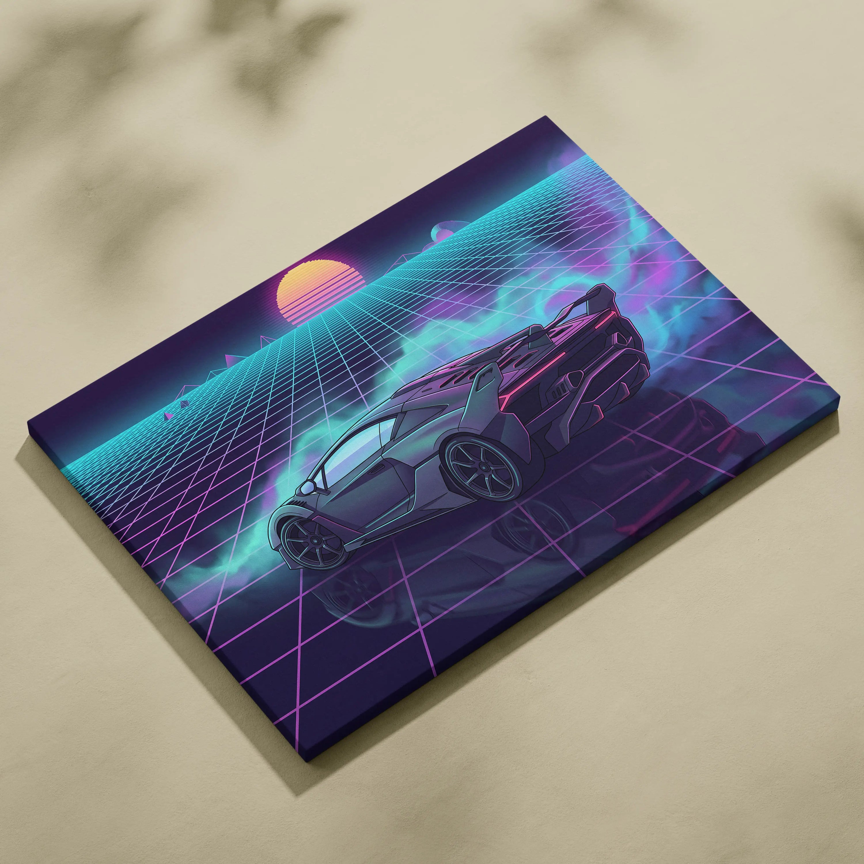 Lamborghini SC18 Inspired Silver Purple Canvas Wall Art, Vaporwave Exotic Auto Artwork, Neon Grid Garage Decor, Retro Futuristic Print