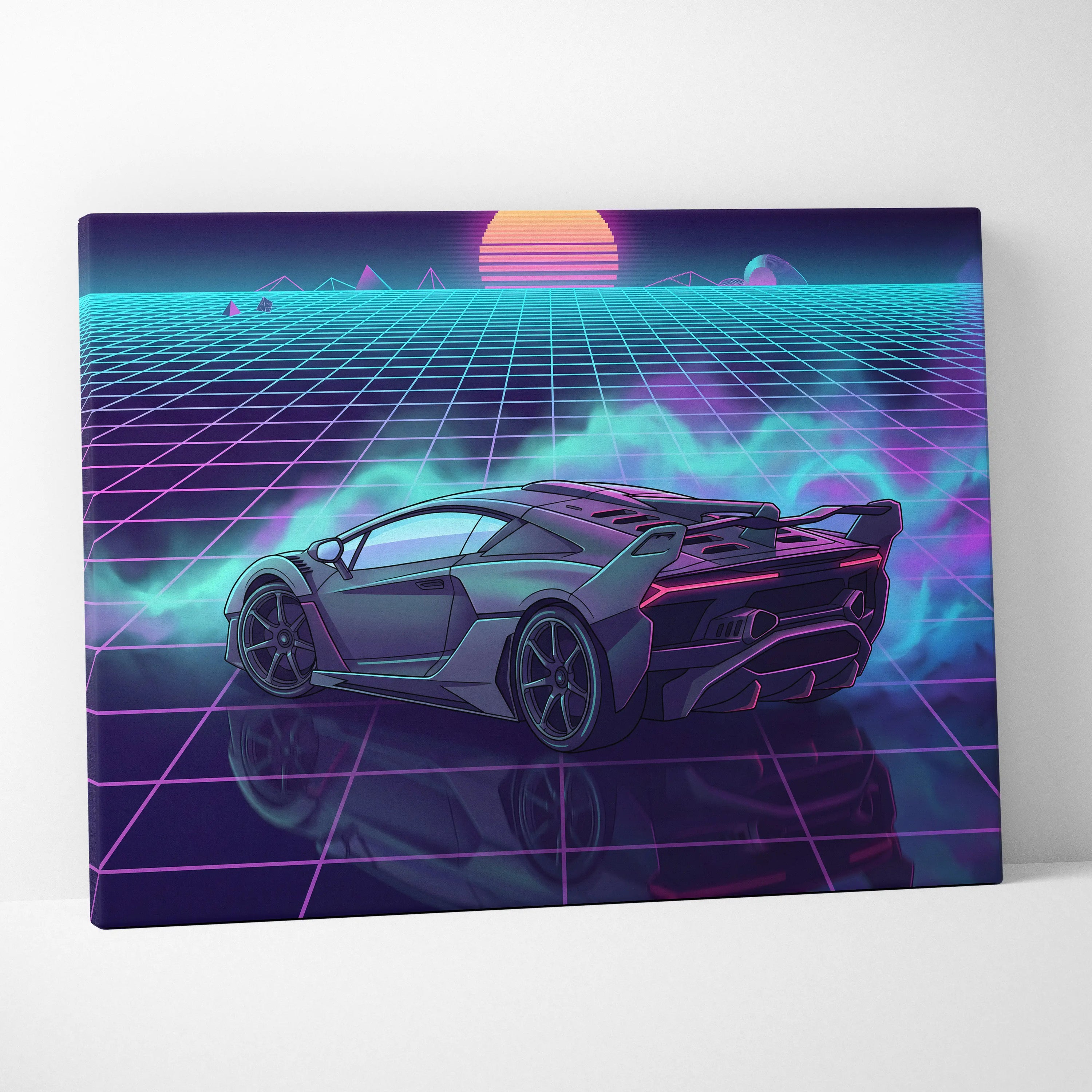 Lamborghini SC18 Inspired Silver Purple Canvas Wall Art, Vaporwave Exotic Auto Artwork, Neon Grid Garage Decor, Retro Futuristic Print