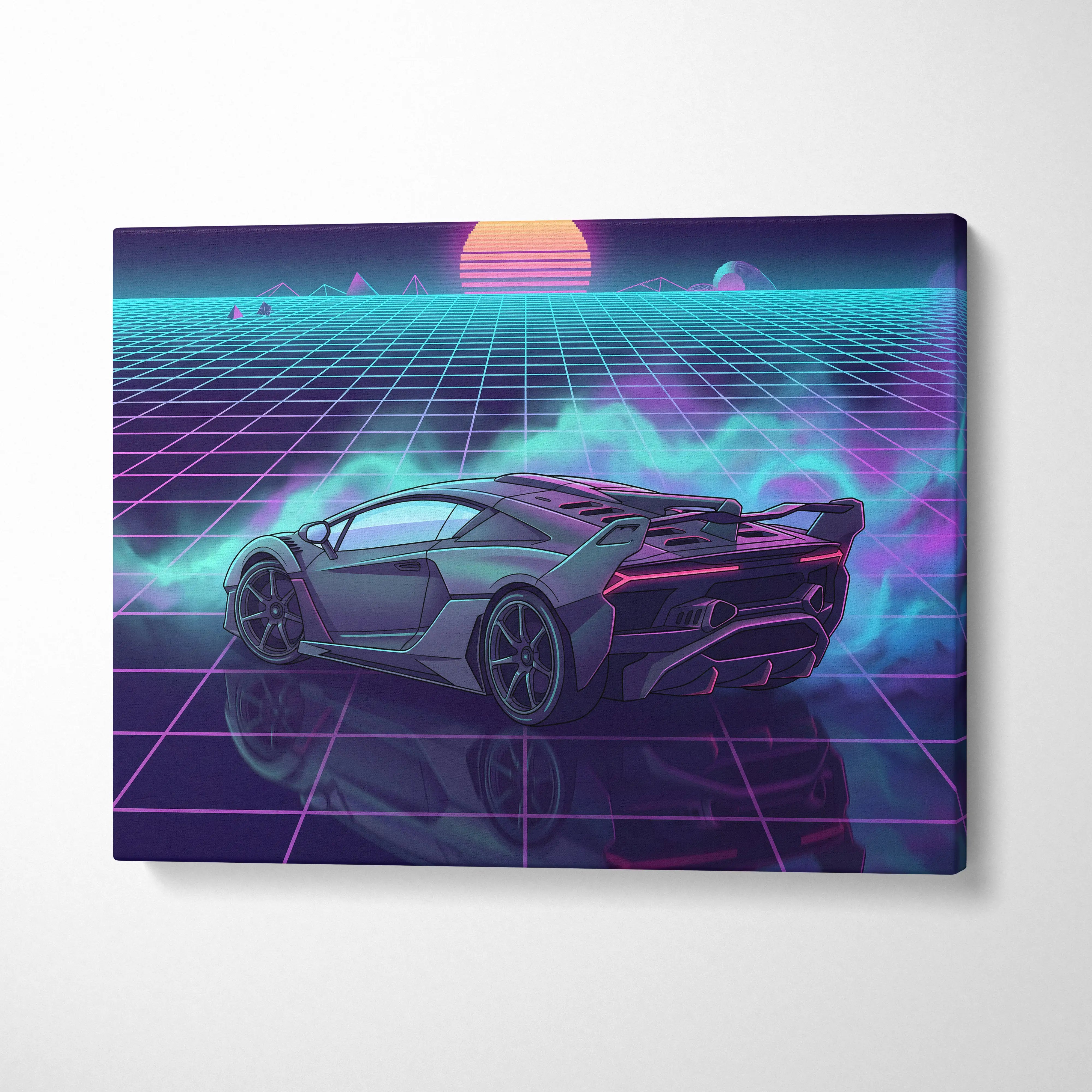 Lamborghini SC18 Inspired Silver Purple Canvas Wall Art, Vaporwave Exotic Auto Artwork, Neon Grid Garage Decor, Retro Futuristic Print