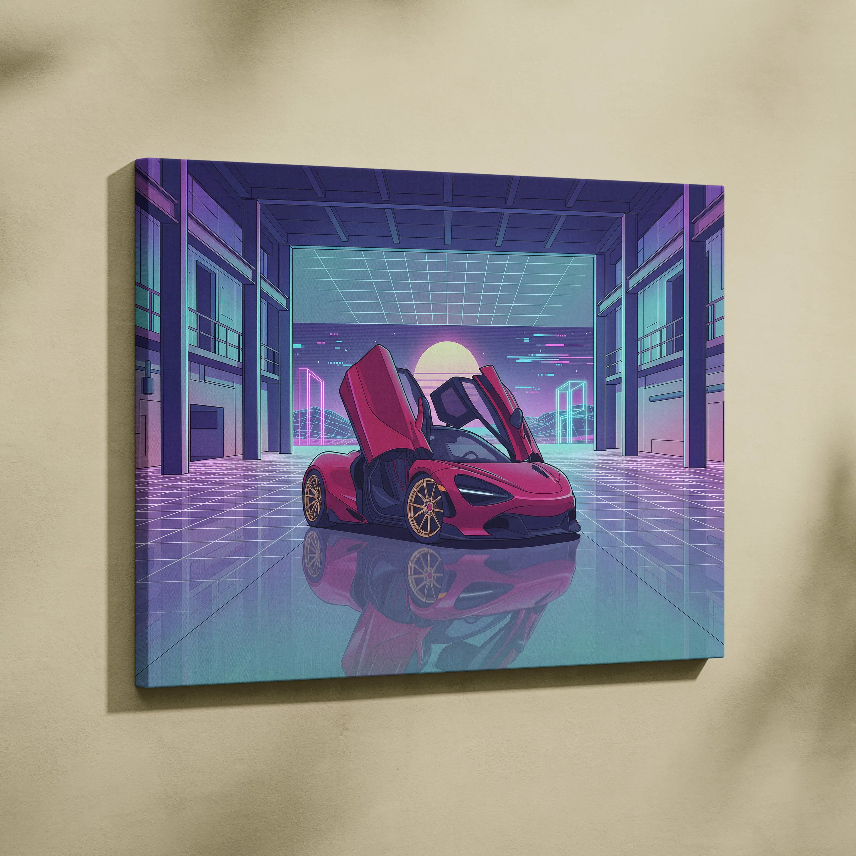 McLaren 720S Inspired Red Purple Canvas Wall Art Vaporwave Supercar Artwork Neon Garage Decor Retro Futuristic Luxury Car Print